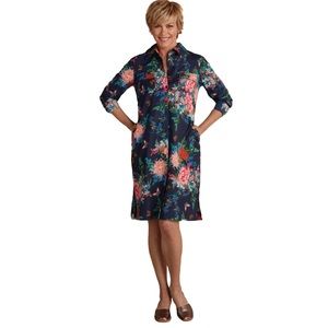 Soft Surroundings Floral and navy buttonfront midi floral 3/4 sleeve shirt dress